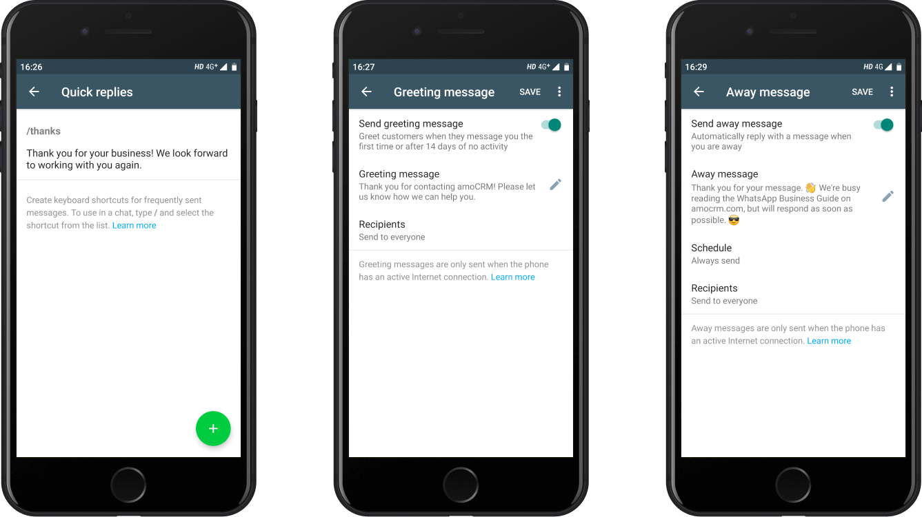 Aplicación empresarial WhatsApp: respuestas rápidas, mensaje de bienvenida y mensaje de ausencia